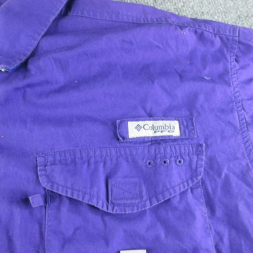 LSU Tigers Shirt Mens L Purple Columbia PFG Short Sleeve Button Up Fishing NCAA